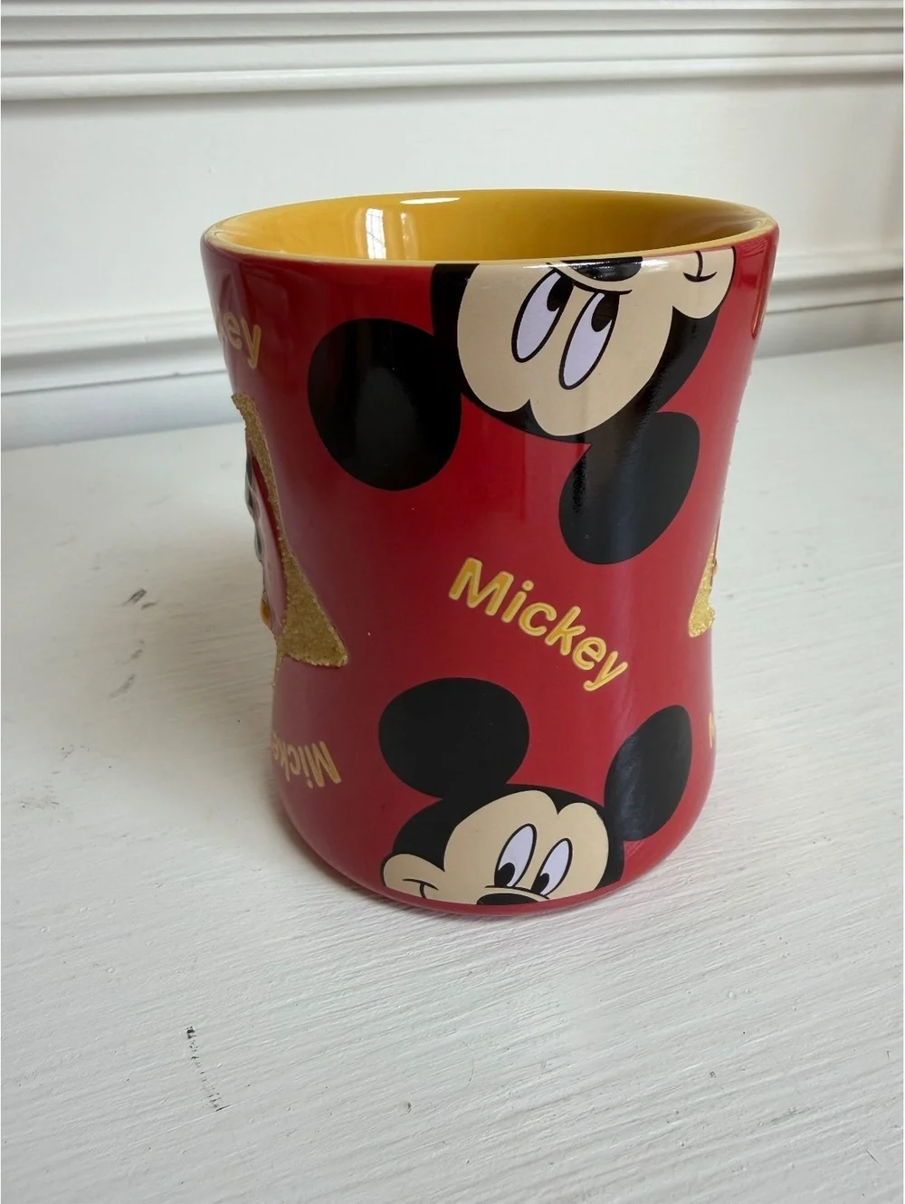 Disney Mickey Mouse Red Yellow Gold Star Coffee Mug. 4.5”